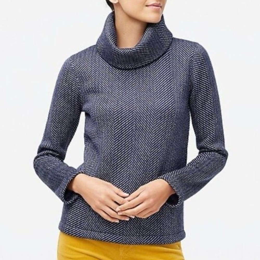 J. Crew Navy and White Herringbone Cowl Neck Sweater